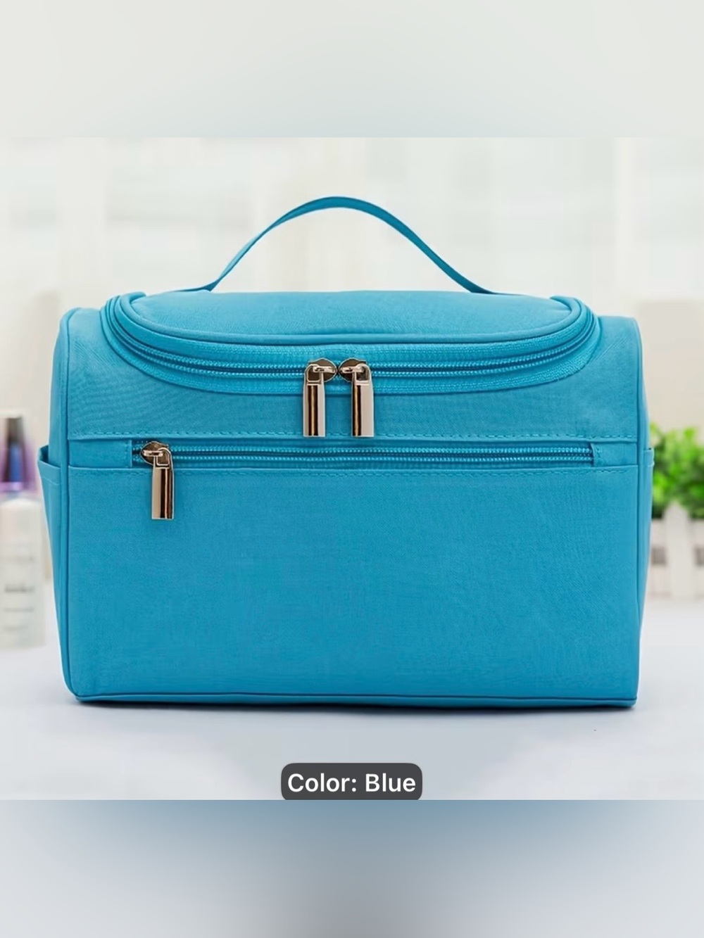 Large Hanging Blue Women's or Men’s Toiletry Bag with Top Handle